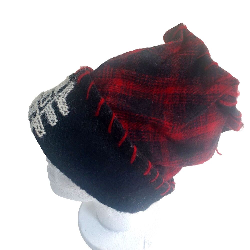 dZi Tibetan Wool Hat Red Plaid Embroidered Tribal Beanie Handmade Artisan Knit